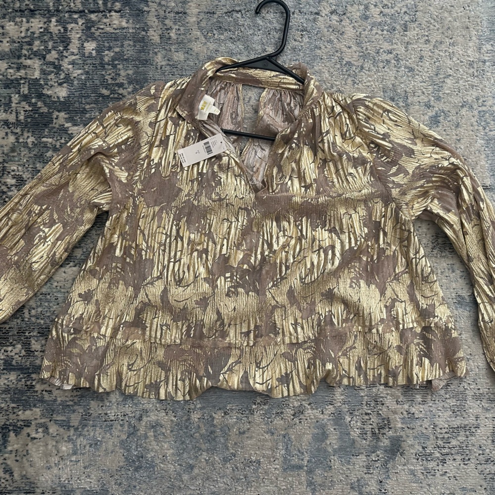 Maeve Tan and Brown Pleated Blouse with Mandarin Collar